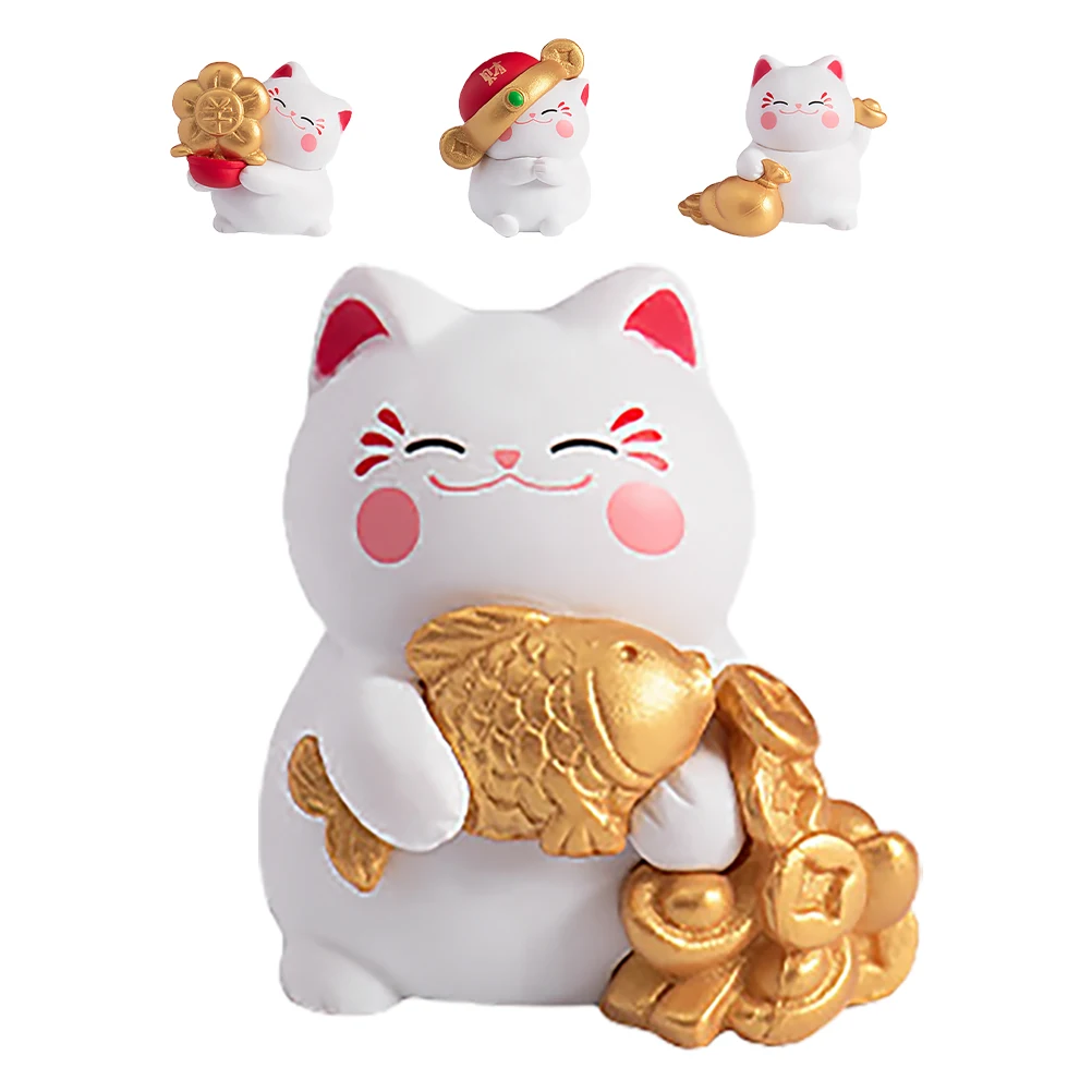 

4 Pcs Resin Mini Cat Decoration Lucky Wealth Statues Cartoon Desktop naments Accessories Cute for Office