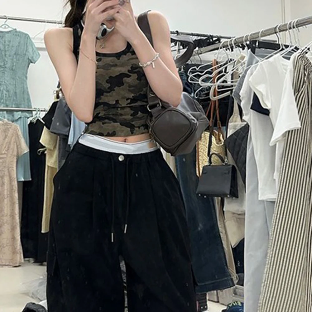 Casual Camouflage Top Camouflage Suspenders Casual Club Wear Dark Green Pure Desire Camisole Camouflage O Neck Design