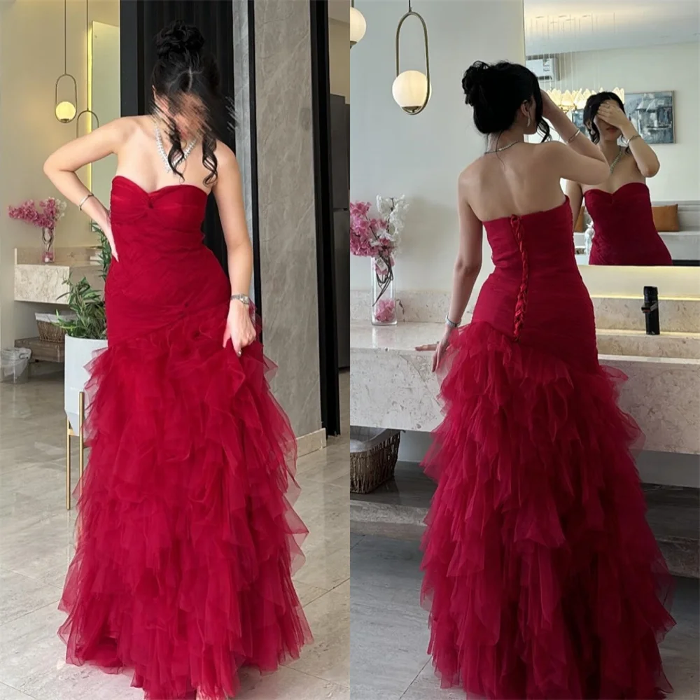 

Customized Saudi Arabia Prom Dress Dearin Strapless A-line Floor Length Skirts Open Back Tulle Sleeveless Flouncing Bespoke Occa