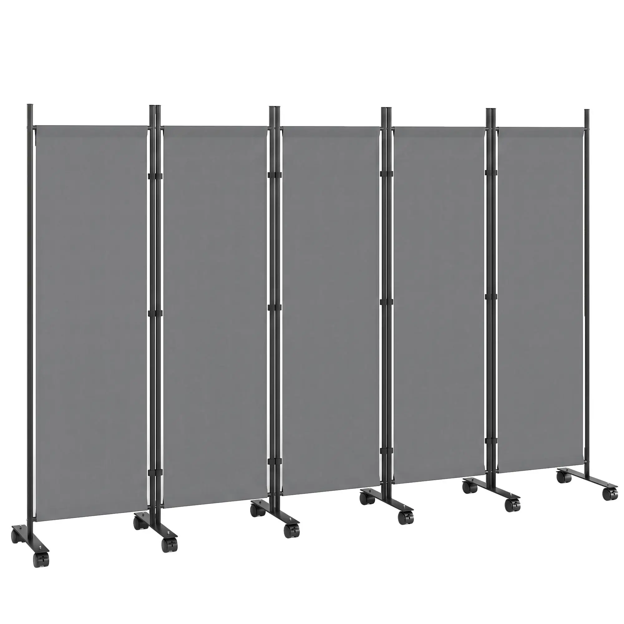 Paravent de jardin en 5 parties avec 12 roulettes, structure en acier, polyester gris foncé, séparateur de pièce pliable pour intérieur