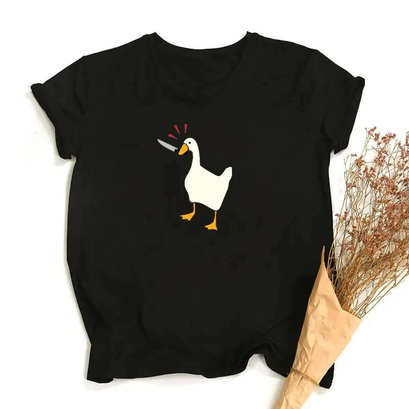 Camiseta de Algodão de Manga Curta para Mulheres e Crianças, Camiseta Estampada Paz, Casual Street Wear Top, Desenhos Animados Engraçados, Estampa de Pato, Não Tem Opção