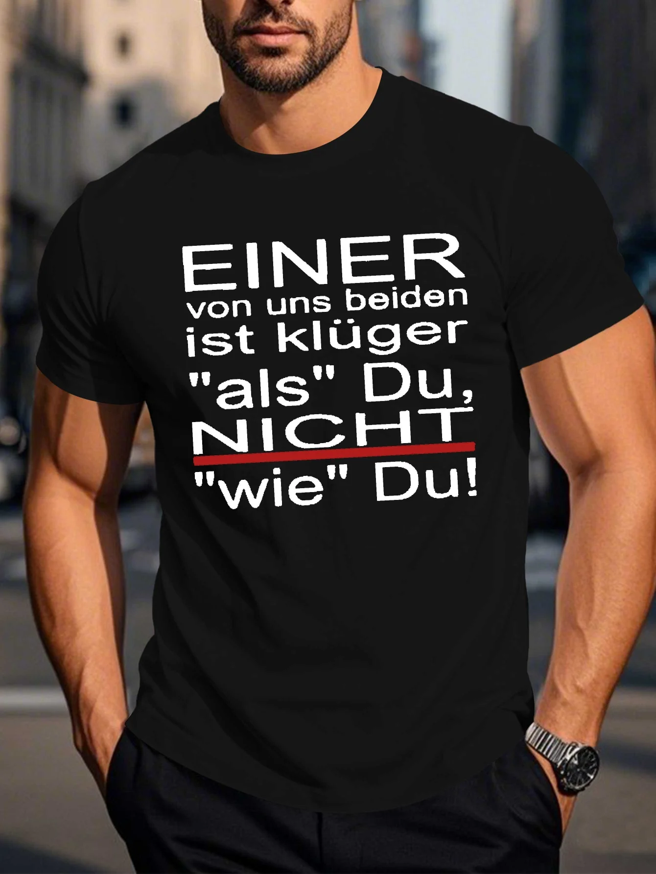 

Men's funny German slogan T-shirt - "One of us is stupid" (One of us is a fool) - Blue with German print, casual round neck