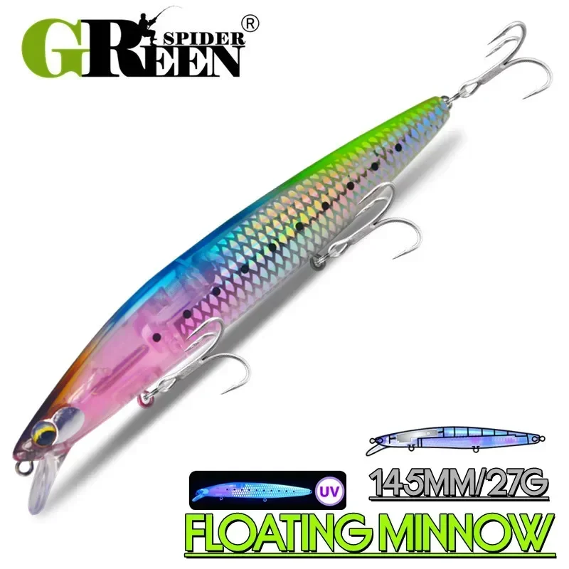 GREENSPIDER nuevo UV 145mm/27g pececillo flotante cebo duro de fundición larga hoja de Flash Wobbler señuelo de pesca señuelo de lubina
