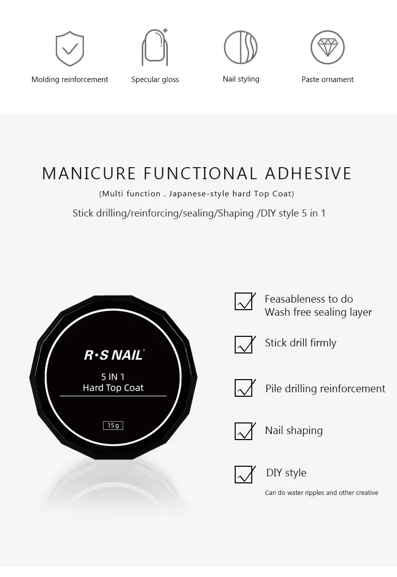 RSNAIL 5 IN 1 Japanischer Hard Top Coat 15g Strass No-Wipe Top Coat Effizientes Funktionsgel Wasser-Nagelkunst-Gel DIY-Design – Detail 2