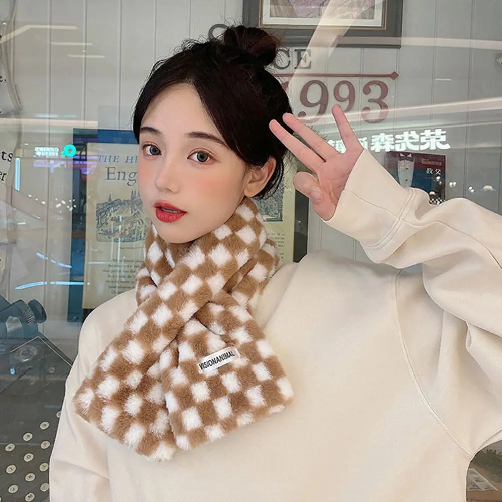 Checkerboard Pattern Faux Rabbit Fur Girlfriend Gift Autumn Winter Scarf Women Scarf Apparel Accessories Korean Style Scarf