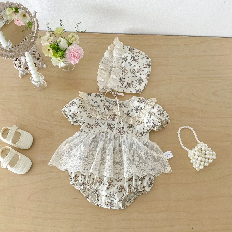 2026 Summer Pastoral Style Floral 3M-24M Baby Girls Romper Lace Skirt Puff Sleeves Matching Ruffle Bonnet Soft Newborns Outfit