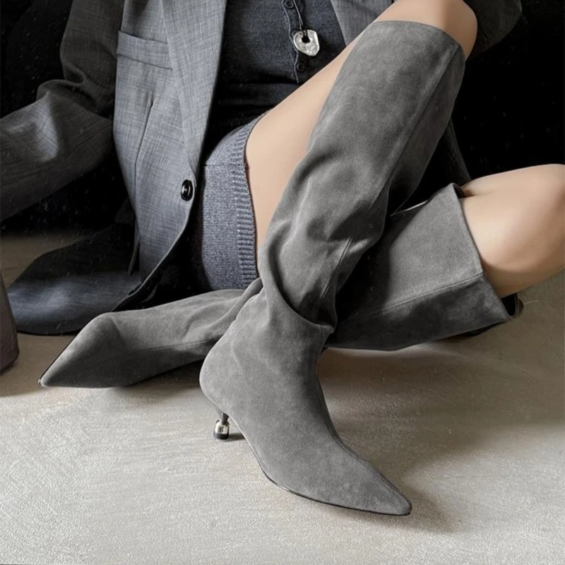 2025 Winter British Style Pointed Knee Boots Women's Low Heel Shoes Suede Warm Ladies Boots New Plus Size Zapatos De Mujer