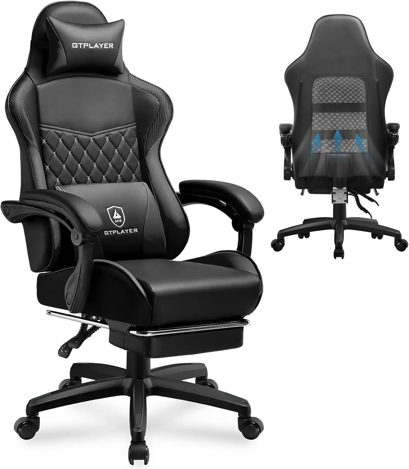 

Gaming Chair, High Back Leather, Footrest, Ergonomic, Height Adjustable, Removable Cover, Lumbar Support, Black