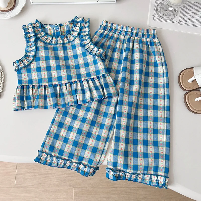 Children\'s Clothing Sets Blue Plaid Floral Print Sleeveless Top + Wide Leg Pants + Shorts 3 Pcs Sets Kids Clothes for Girls