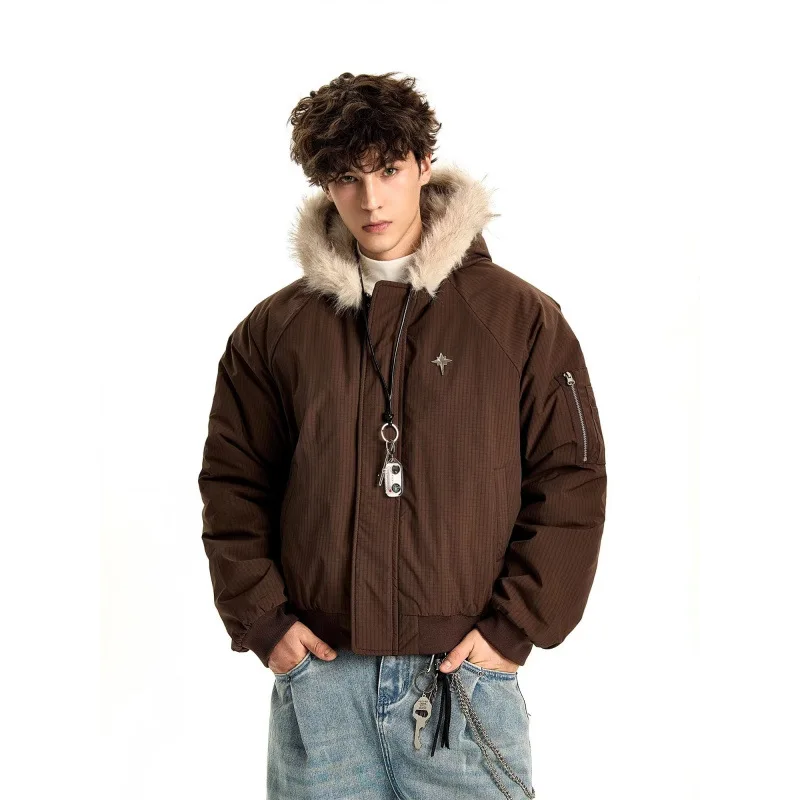 

Мужская модная негабаритная парка в стиле хип-хоп с меховым капюшоном, свободная посадка в стиле Vibe Y2K, теплое пальто, толстая термокуртка с хлопковой подкладкой