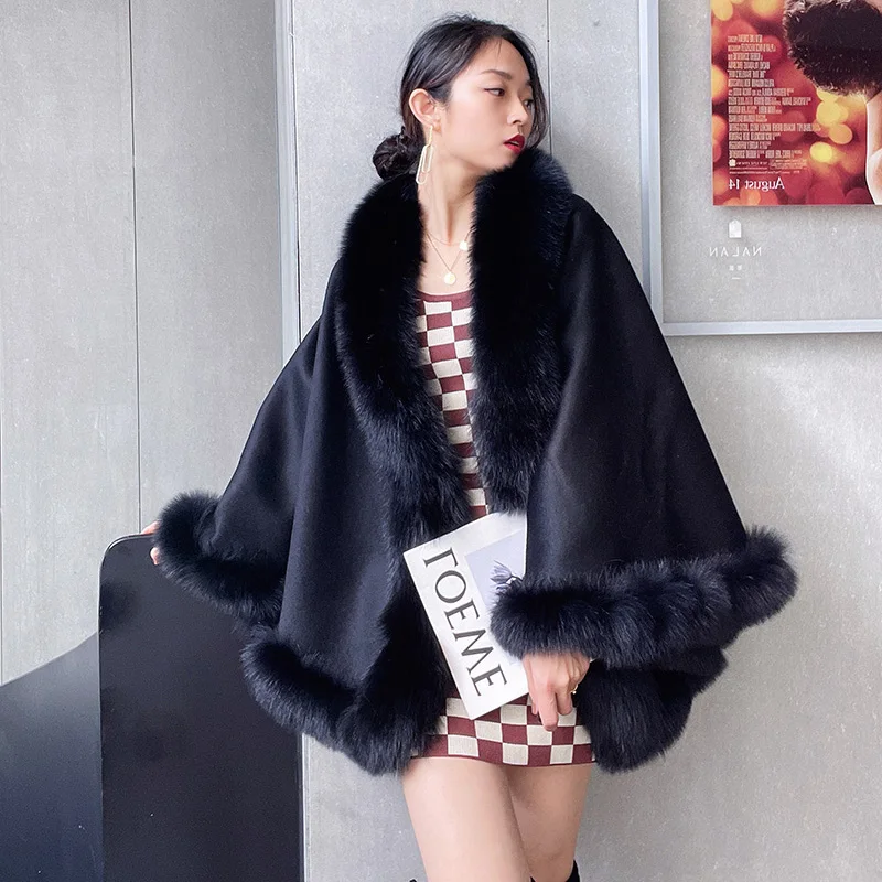 2022 Women Winter Real Cashmere Wool Poncho With 100% Real Fox Fur Trimming Bigger Fox Fur Collar