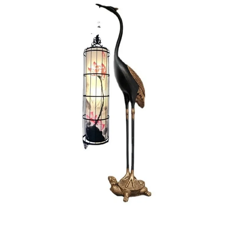 New Chinese floor lamp crane lotus lantern wedding hotel tea room living room antique decoration vertical ornament lamps