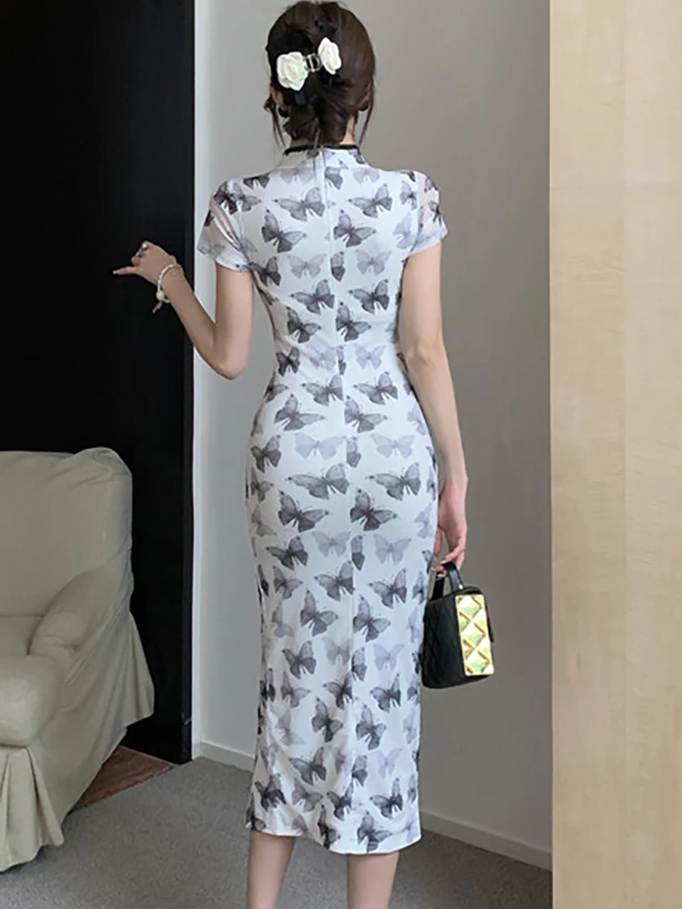 المرأة طباعة شبكة قصيرة الأكمام الوقوف طوق فستان طويل الصيف أنيقة فستان غير رسمي الشق 2025 الكورية خمر Bodycon مساء فستان