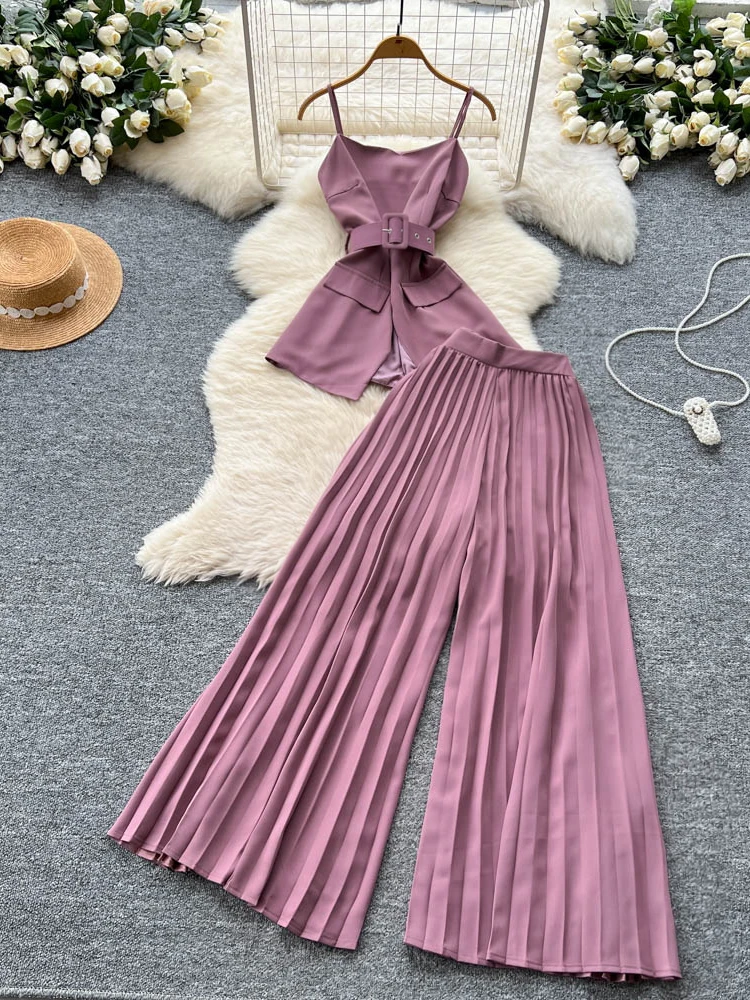 

Elegant Tie Waist Crop Top And High Waist Wide Leg Pants Women's Business Casual Outfit Fashionable Vest Set