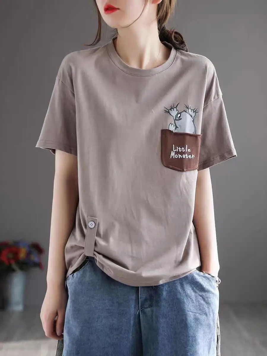 camiseta-feminina-nova-de-verao-manga-curta-casual-solta-com-bolso-e-lenco-de-design-artistico-para-cobrir-a-barriga-elegante