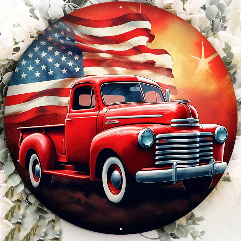 

Vintage Red Aluminum Metal Sign, Pickup Truck, Party Circle Label, Image Sign, Wall Art, Home Decor, Garden Decor, 8x8Inch, 1Pc