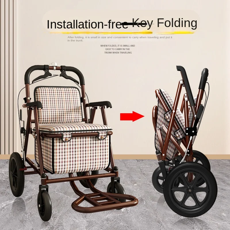 The trolley can be sat and pushed for the elderly, portable folding power four-wheeled trolley