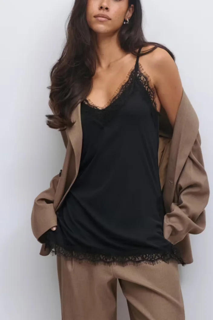Women's Summer Camisoles Spaghetti Strap Stylish Solid Color Lace Trim V Neck Tank Tops