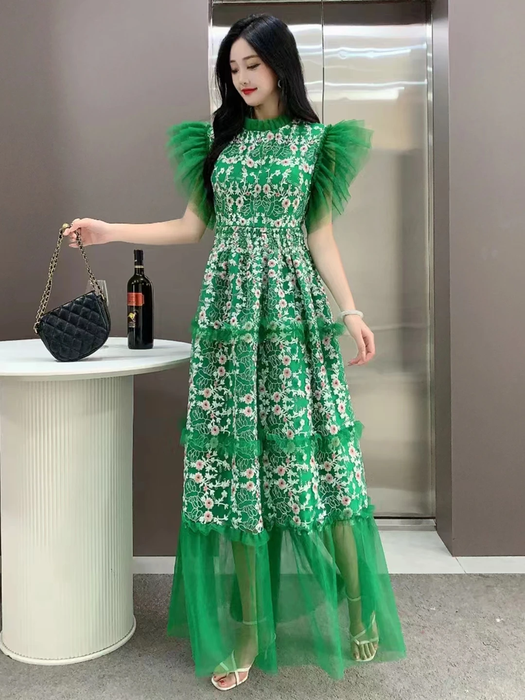 2024 New Spring Summer Women Stand Collar Short Sleeve Slim Maxi Dress High Quality Flowers Embroidery Mesh Runway Dress