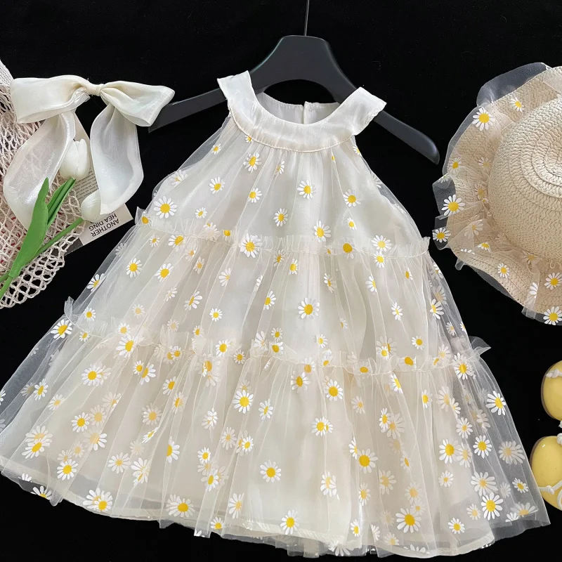 2025Summer New Style Sleeveless Daisy Mesh Solid Color Dress for Girls0049