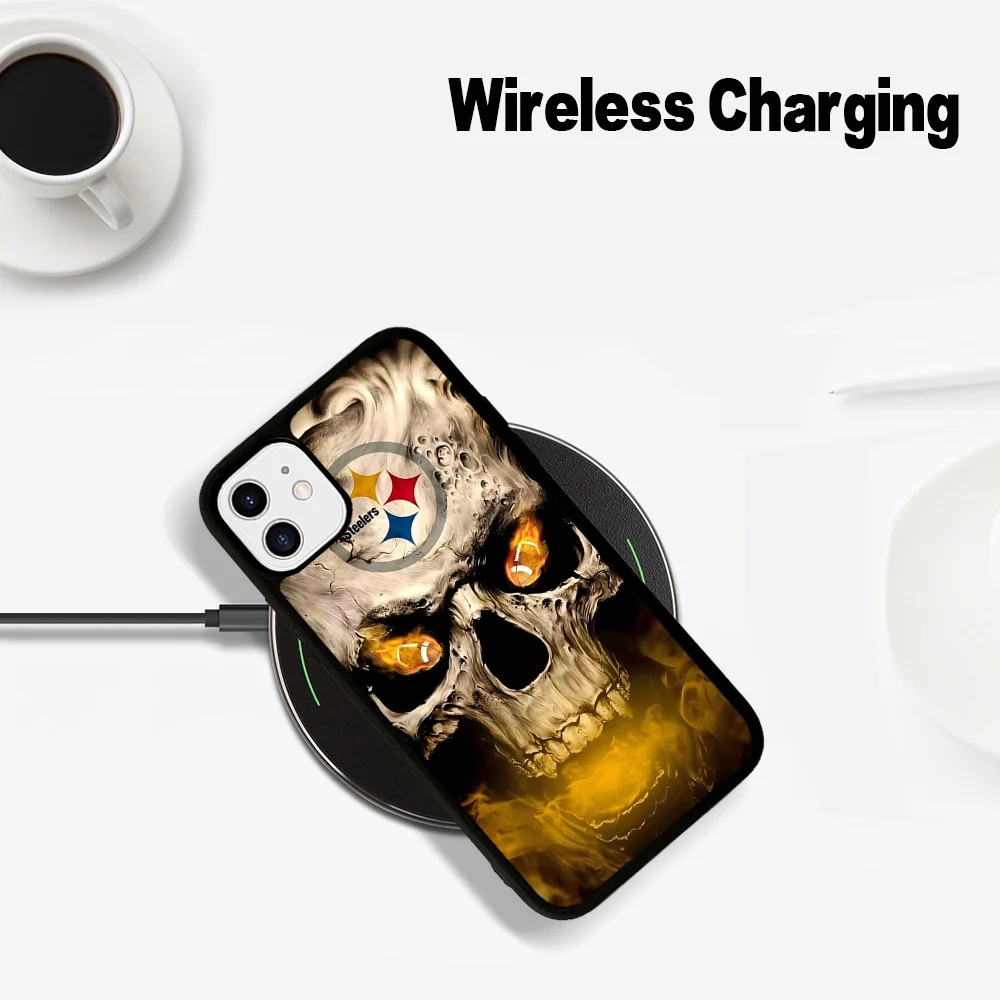 S-Steelers Team Phone Case Magesafe Magnetic Wireless Charge Case For iPhone 16 11 12 13 14 15 Pro Max Plus Mini