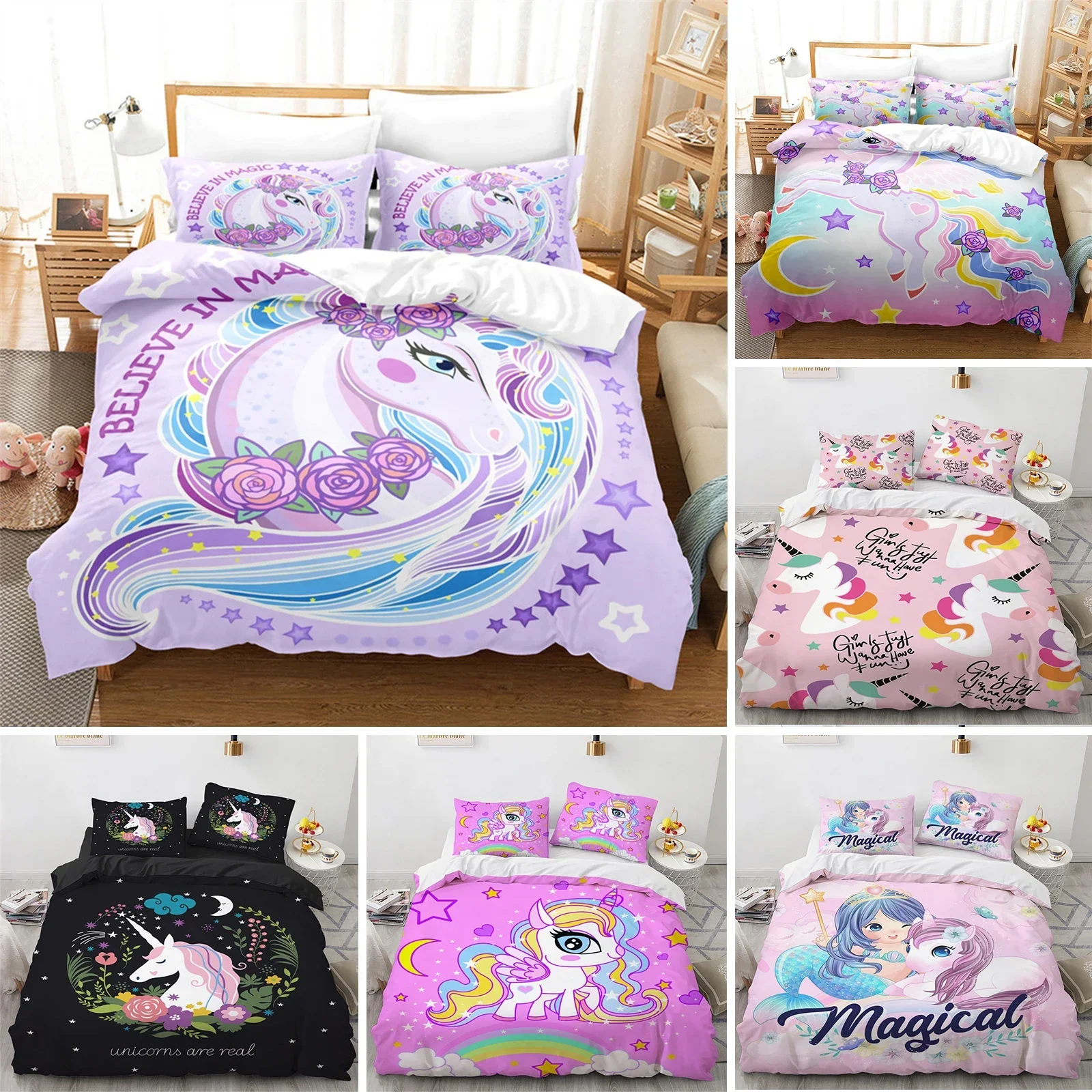 Cartoon Unicorn Duvet Cover Floral Bedding Set Microfiber Flying Horse Comforter Cover Full Queen For Boys Girls Bedroom Decor