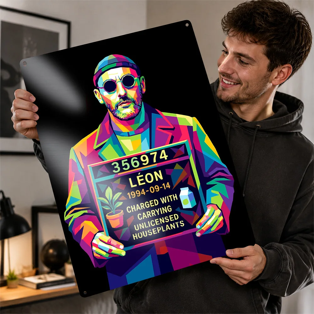 Leon Mugshot Pop Art 3D Texture Metal Poster Customized Wall Art Tin Sign Gift for Mancave Decoration Room Decorating Interior