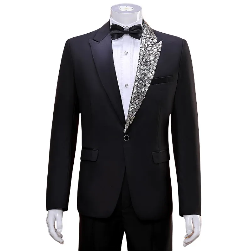 

Men Rhinestones Collar Blazer Pants Suit Black Formal 2 Piece Set Wedding Banquet Evening Celebrate Host Stage Tuxedo Costume