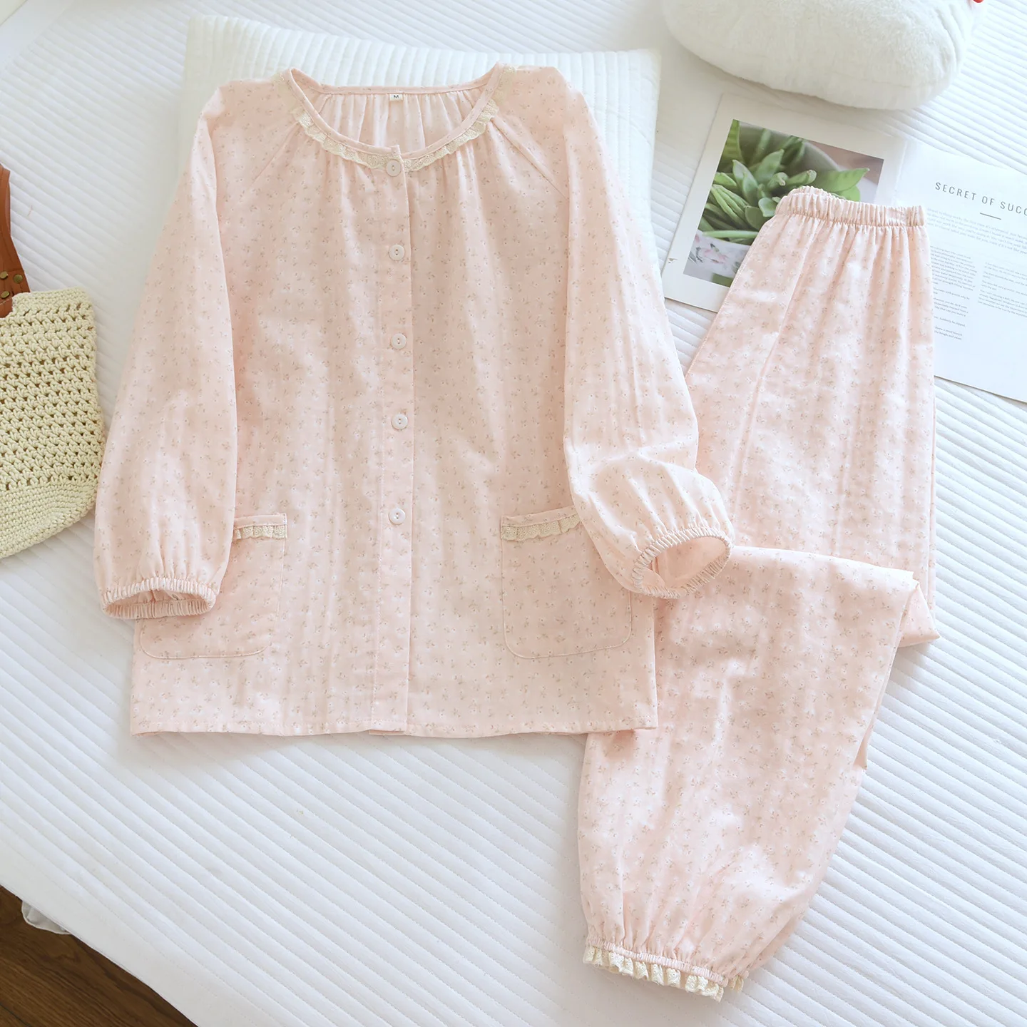 

Summer Women's Pajama Set Cotton Lace Trim O-Neck Long Sleeve Shirt Pants Home Clothes Two Piece Set Sleepwear