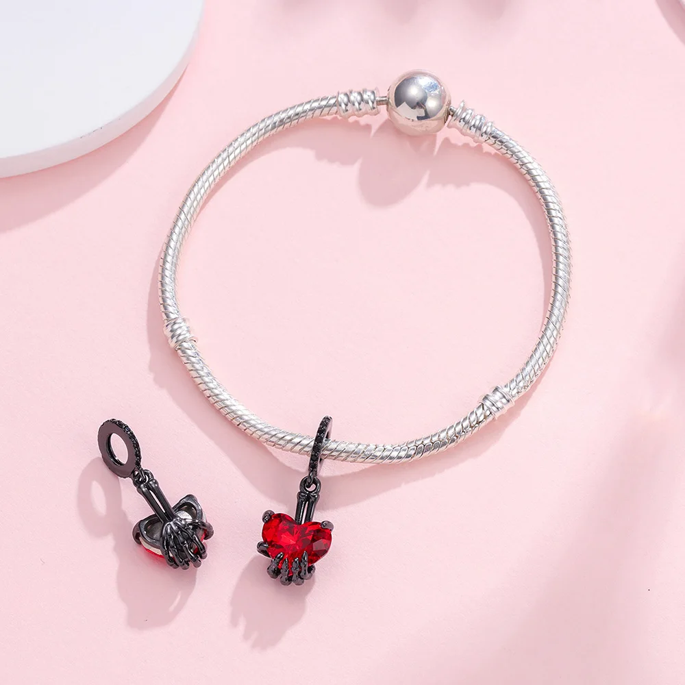 925 Sterling Silver Dark Gothic Blood Halloween Charm Skeleton Hand Red Heart Apple Beads Fit Original Snake Bracelet - view 3