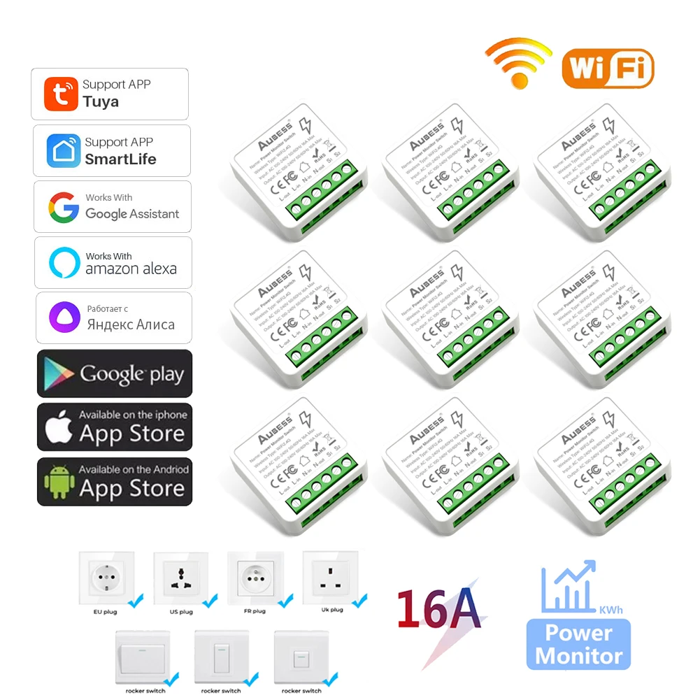 Aubess 16A Tuya WiFi DIY Smart Switch Power Monitor 2-way Control Smart Home Automation Via Alexa Google Home Alice Smart Life