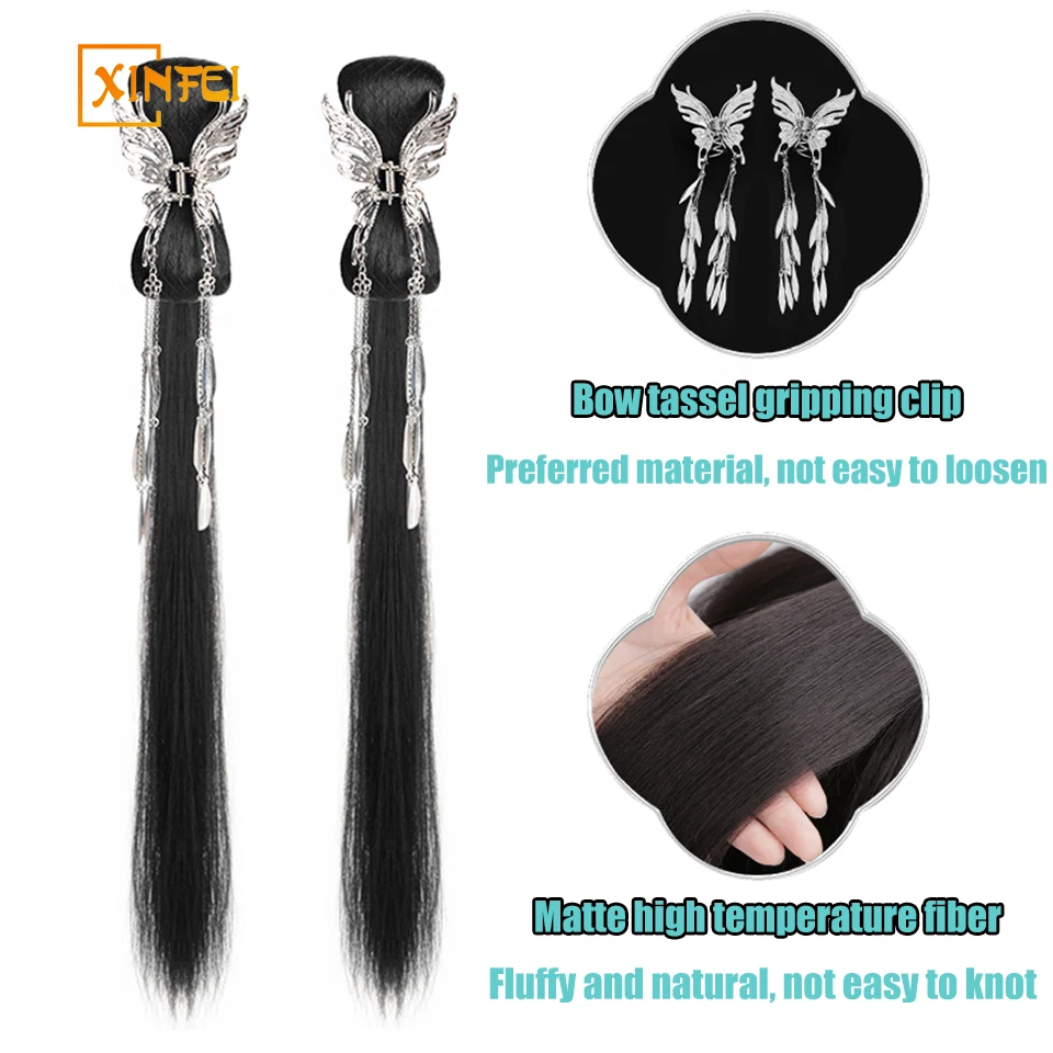 Peluca sintética de una pieza para mujer, lazo chino, borla, paquete de cabello, Clip de agarre, cola de caballo, lazo bajo, trenza larga, extensión de cabello esponjoso, nuevo