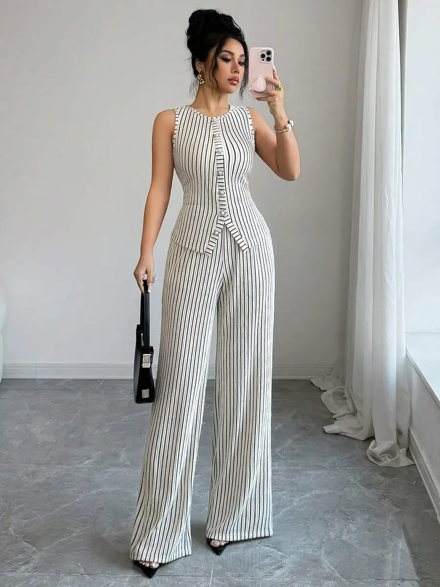 

Womens Striped Sleeveless Button Front Crop Top And Straight Leg Pants Two Piece Set