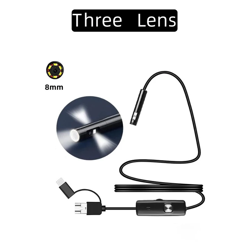 3.9mm Endoscope three Cameras for Android Smartphone Tablet Cars Dual Lens Endoscopic Mini Camera Type C USB Video Borescope