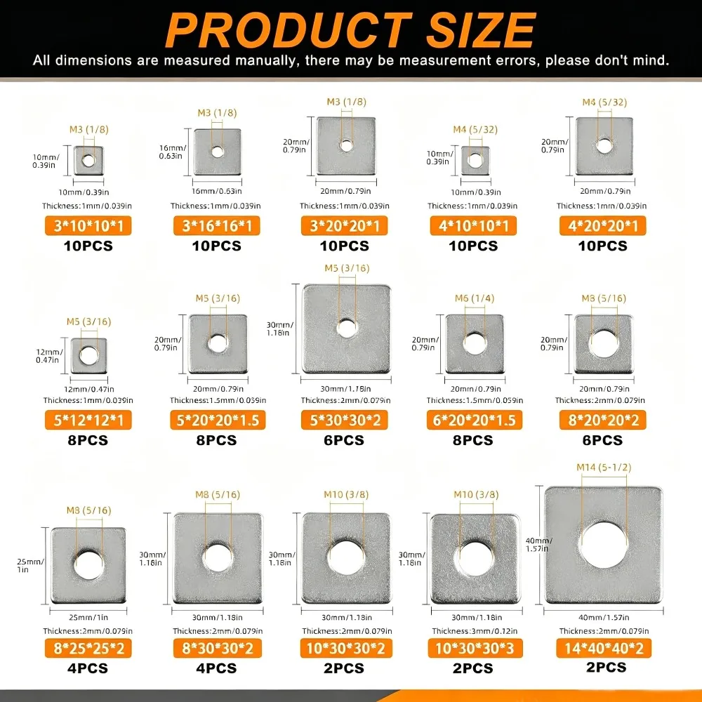 304 Stainless Steel Square Flat Washers 100Pcs Boxed Kit Curtain Wall Gasket for Construction & Industrial Equipment