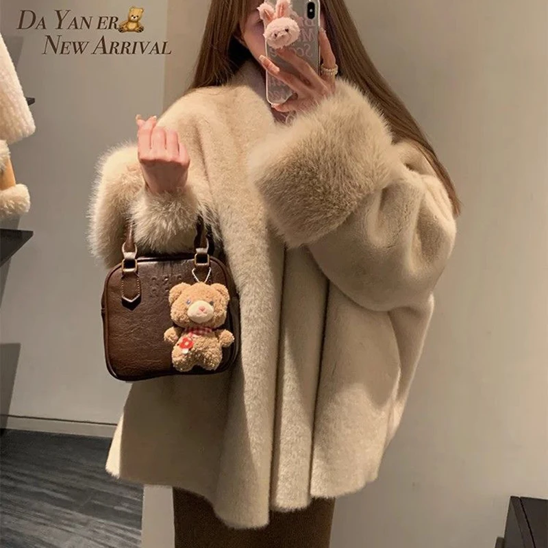 معاطف فرو المنك الصناعي للنساء موضة الشتاء أنيقة سميكة شعر فضفاضة سترة غير رسمية أنيقة صغيرة العطر كم طويل ملابس خارجية دافئة