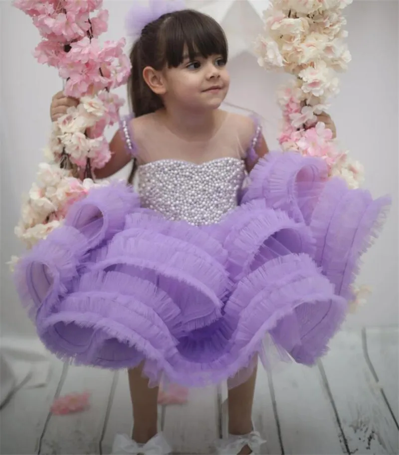 

Luxurious Purple Baby Girls Dresses Layers Tulle Tiered Toddler Girls Birthday Party Gown Christmas New Dress Gift 1-11Years