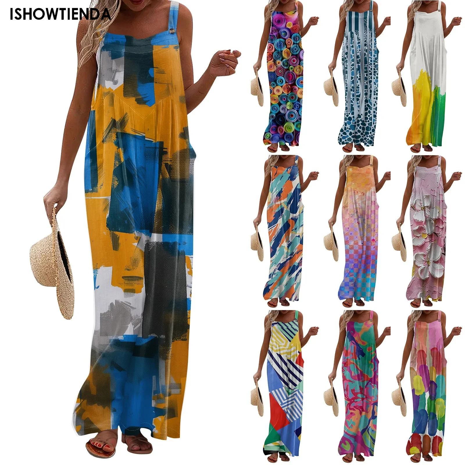 Colorful Print Wide Leg Suspender Jumpsuit Summer Jumpsuit Women 2024 Sling One Piece Playsuit Wide Leg Pants High Waist Rompers