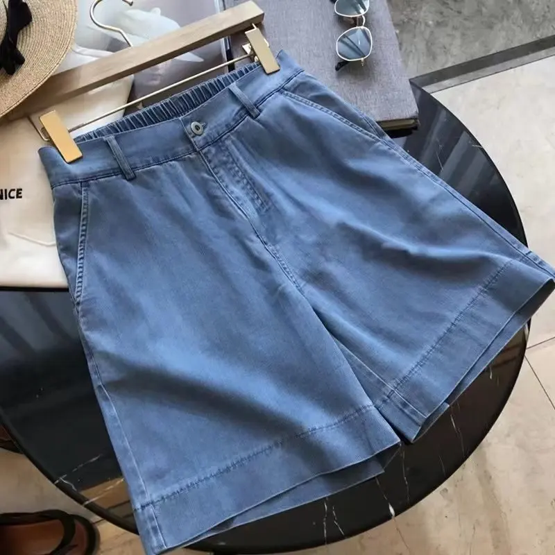ummer High Waist Denim Shorts Women Casual Loose Ladies Fashion Plus Size Elastic Waist Wide Leg Short Jeans Female