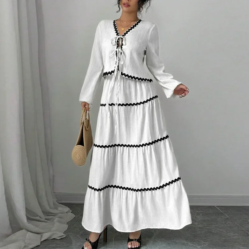 

Fashion V-Neck Skirts Set for Women White Long Sleeve Women Skirt Set Lace-up A-LINE Long Tow Piece Sets Womens Outfits Q347