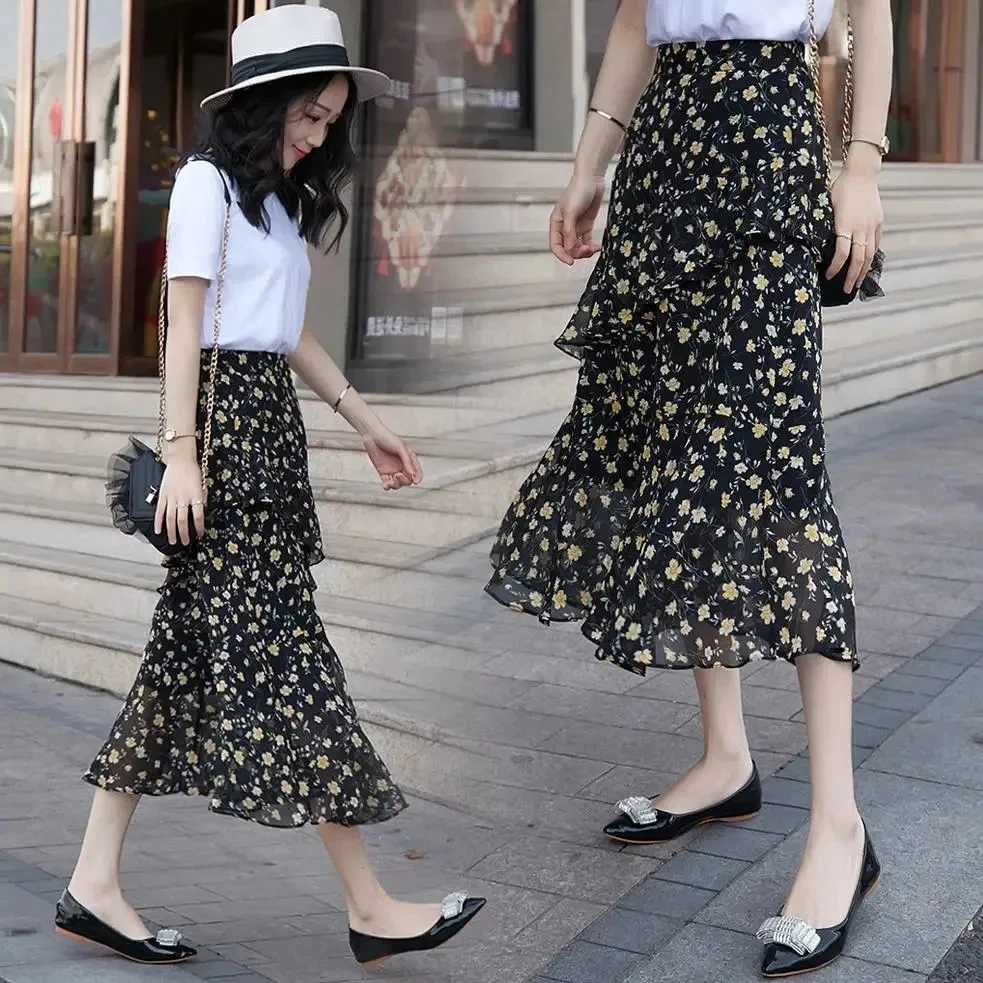 Spring Summer Floral Chiffon Skirt High Waist Slim A-Line Midi Skirt Asymmetrical Hem Korean Style Commute Polyester Fiber
