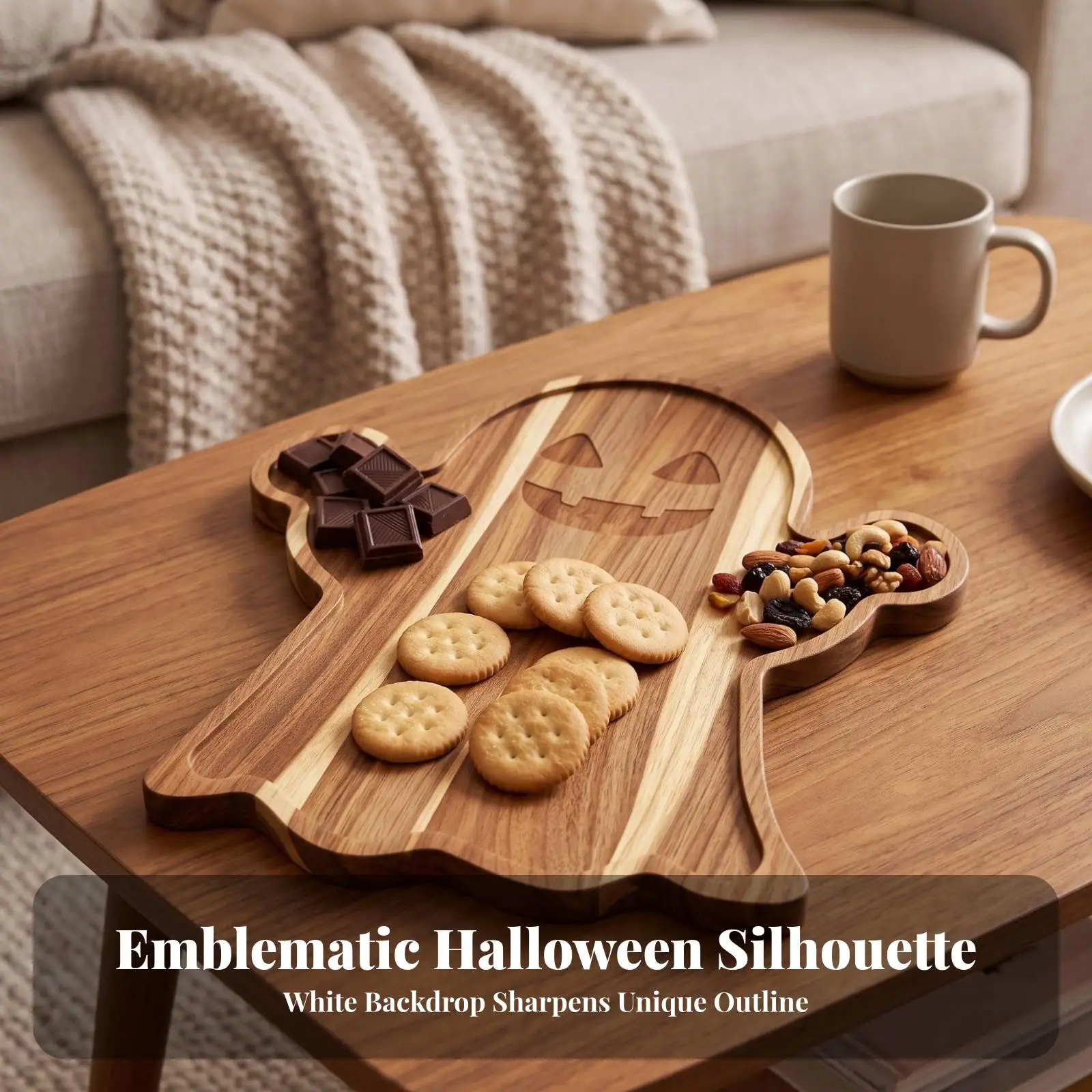 Wooden Tray with Jack-O'-Lantern Face Smooth Polished Edges, Shallow Raised Rim, specter Tray, for Tabletop Display