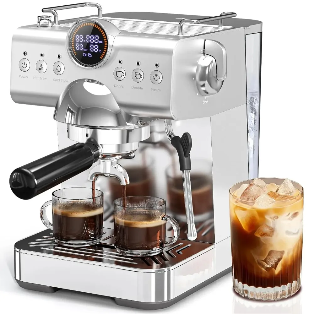 Espressomaschine mit Kaltbrühfunktion, 20 Bar Espressomaschine mit Milchaufschäumer, Edelstahl-Kaffeemaschine mit 1,5L, Individuell Anpassbar