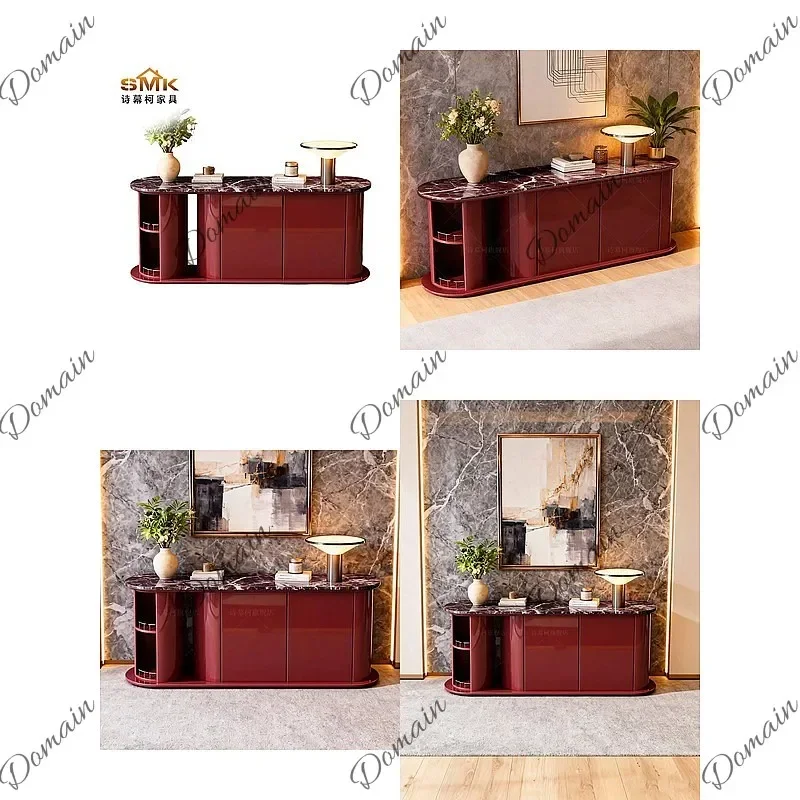 XB Italian Luxury Solid Wood Painted Sideboard Bar Cabinet Multifunctional Wine Storage Marble Red