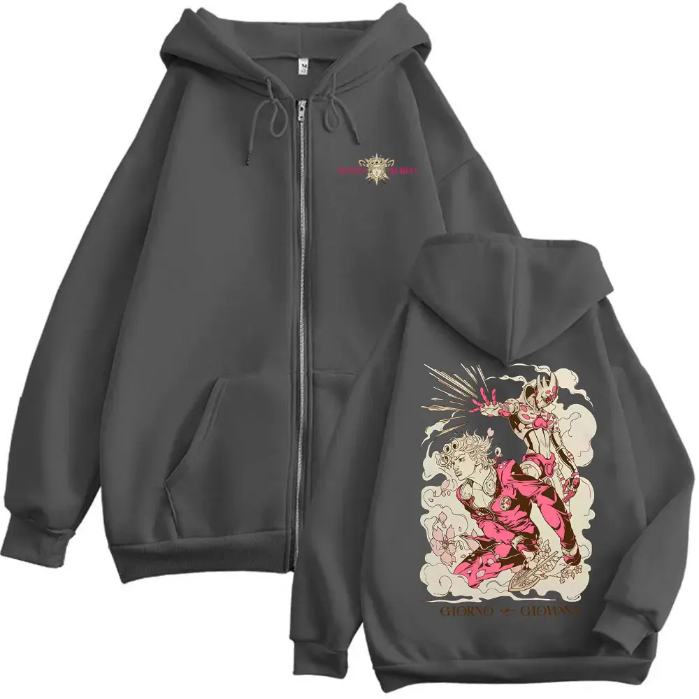 Anime JoJo's Bizarre Adventure Giorno Giovanna Grafik-Reißverschluss-Hoodie für Herren und Damen, lässige Vintage-Jacke mit übergroßem Reißverschluss – Detail 3