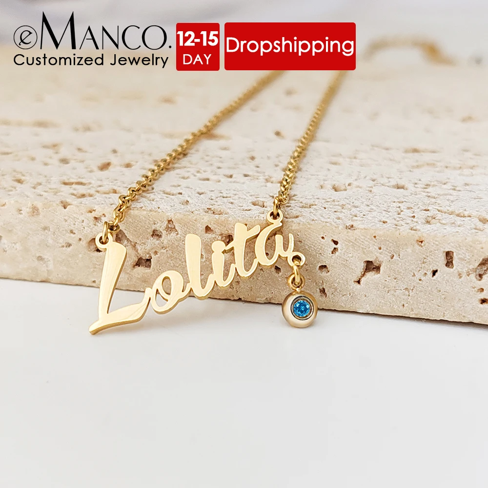 eManco Stainless Steel Shiny Birthstone Pendant Customized Women's Name Necklace Fashion Holiday Jewelry Valentine's Day Gift