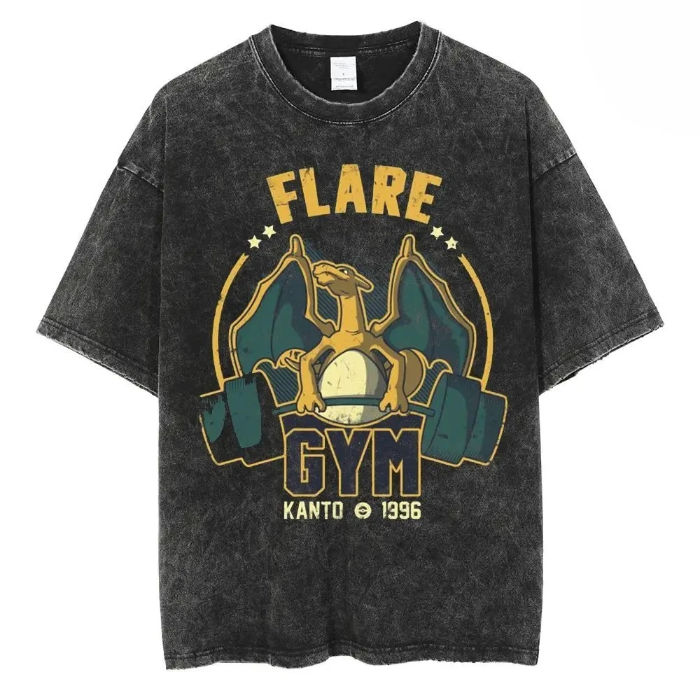 

Мужская футболка Pokemon Charizard Flare Gym Washed, летняя винтажная футболка оверсайз 2026, ретро-стиль Канто 1996, уличная одежда в стиле хип-хоп