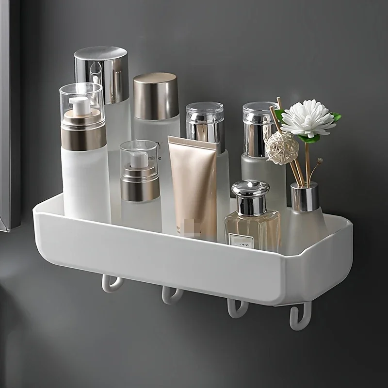 Waterproof Bathroom Organizer With , No-Drill Wall-Mounted  Rack, Plastic Shelf For Bathroom, Sturdy And Durable White Shelf Wit