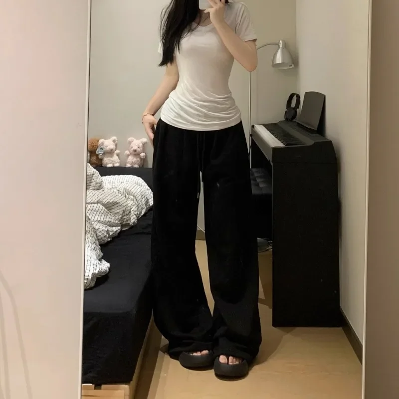 Deeptown Grey Sweatpants Wide Leg Pants Women Casual Oversize Sports Trousers Korean Fashion Streetwear Vintage Straight Joggers