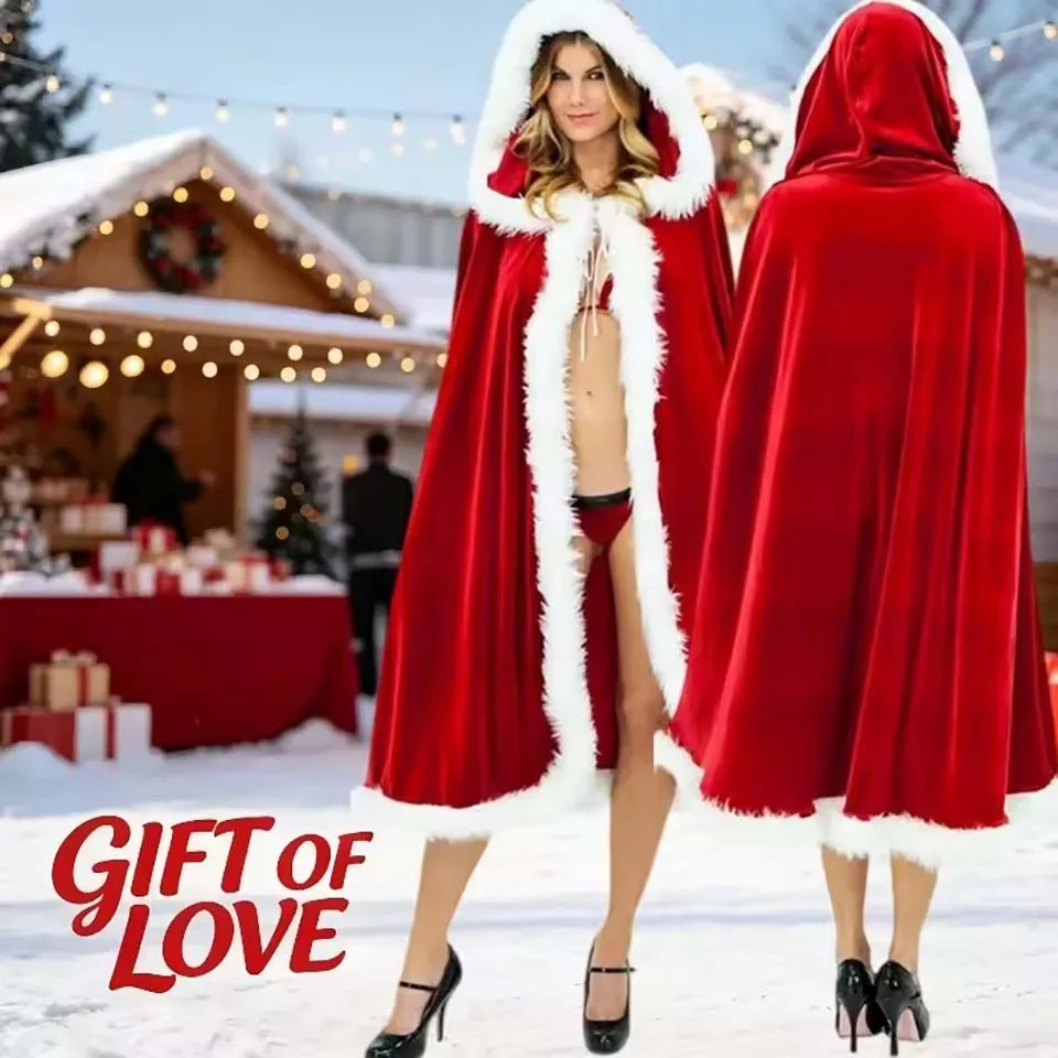 Christmas Shawl Cape Hooded Santa Claus Costume Christmas Performance Costume Red with Hat Cosplay Costume Winter Warm Coat